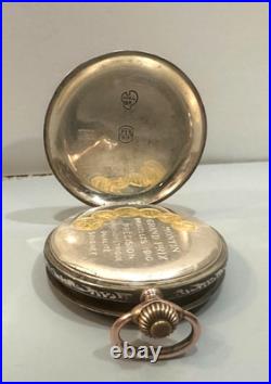 Vintage Swiss Niello Silver Gold Inlayed Hunter Case Pocket Watch 48mm