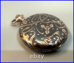 Vintage Swiss Niello Silver Gold Inlayed Hunter Case Pocket Watch 48mm