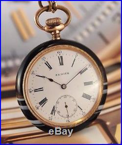 Vintage Swiss Zenith Pocket Watch Agate Stone Case 50.7 mm with Enamel Dial Rare
