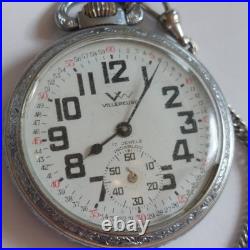 Vintage Villereuse 17j Mens Stainless Steel Pocket Watch Railroad Case Runs