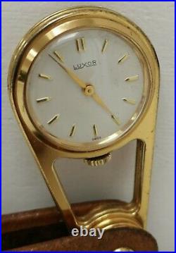 Vtg 1960s Luxor Gold Plated Leather Cased Mechanical Folding Pocket Travel Watch
