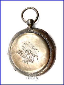 Vtg. Henry Beguelin Locle Pocket Watch in LargeSterling Silver Case etched Dog