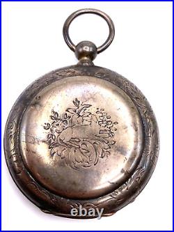 Vtg. Henry Beguelin Locle Pocket Watch in LargeSterling Silver Case etched Dog