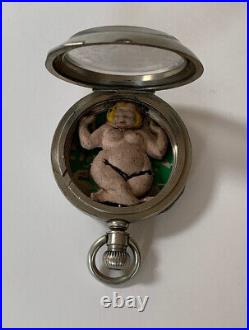 Vtg Pocket Watch Case w Nude Female Shadowbox Steampunk Elgin Dances Wiggles