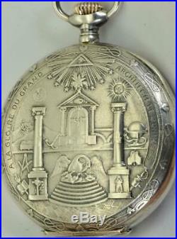 WOW! Unique antique Invar Sterling silver Masonic chased case pocket watch. RARE