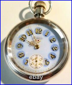 Waltham 18S. Super fancy dial 15 jewel adj. (1892) 4oz. Waltham coin silver case
