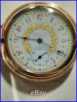 Waltham 6S. 15 jewels mint fancy dial (1906) 14K. Multi-color hunter case