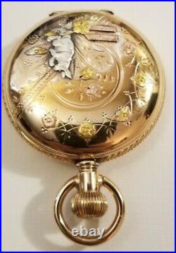 Waltham 6S. 7J. Mint super fancy dial (1892) 14K multi-color Easter Bunny case
