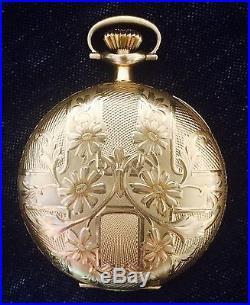 Waltham Model 1908 Pocket Watch in 14k GOLD Deuber floral case-working-16s-1919