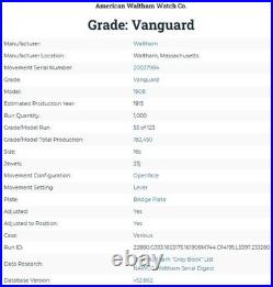 Waltham Vanguard Pocket Watch Model 1908 23 Jewel 24 Hour Dial GF Fortune Case