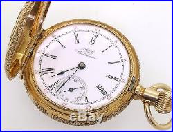 Waltham antique 19c 14K gold enamel hunter's case pocket watch with porcelain dial