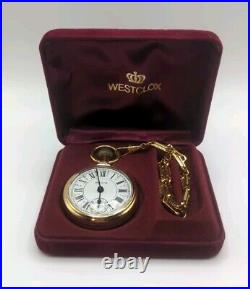 Westclox Pocket Watch with Locomotive Design & Chain Train Case Wind Up