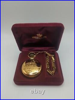 Westclox Pocket Watch with Locomotive Design & Chain Train Case Wind Up