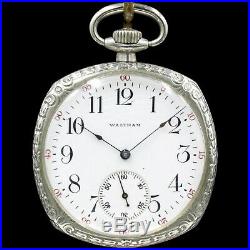 White Gold 1907 WALTHAM Mechanical Pocket Watch 7 Jewels 12s Cushion Case NICE