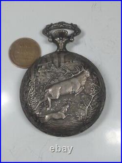 Working Vintage Arnex Mens Manual Pocket Watch Embossed Deer Hunter Case