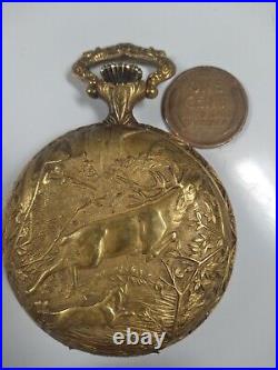 Working Vintage Arnex Mens Manual Pocket Watch Embossed Deer Hunter Case
